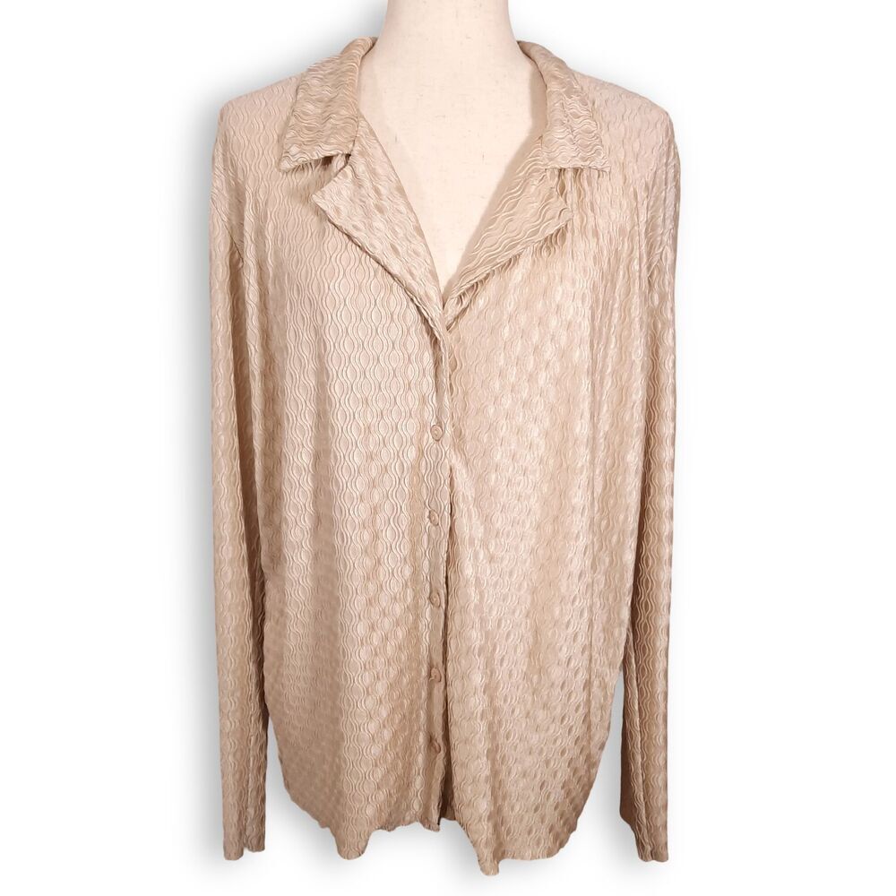 Lucca Metallic Gold Button-Down Pajama Blouse SZ Medium Collared Shiny Textured